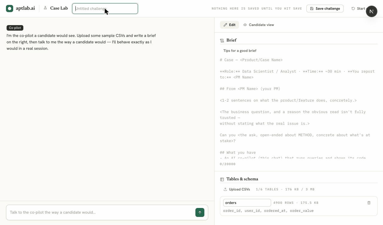 Upload data, write the brief, and test-drive the co-pilot before you send it out.